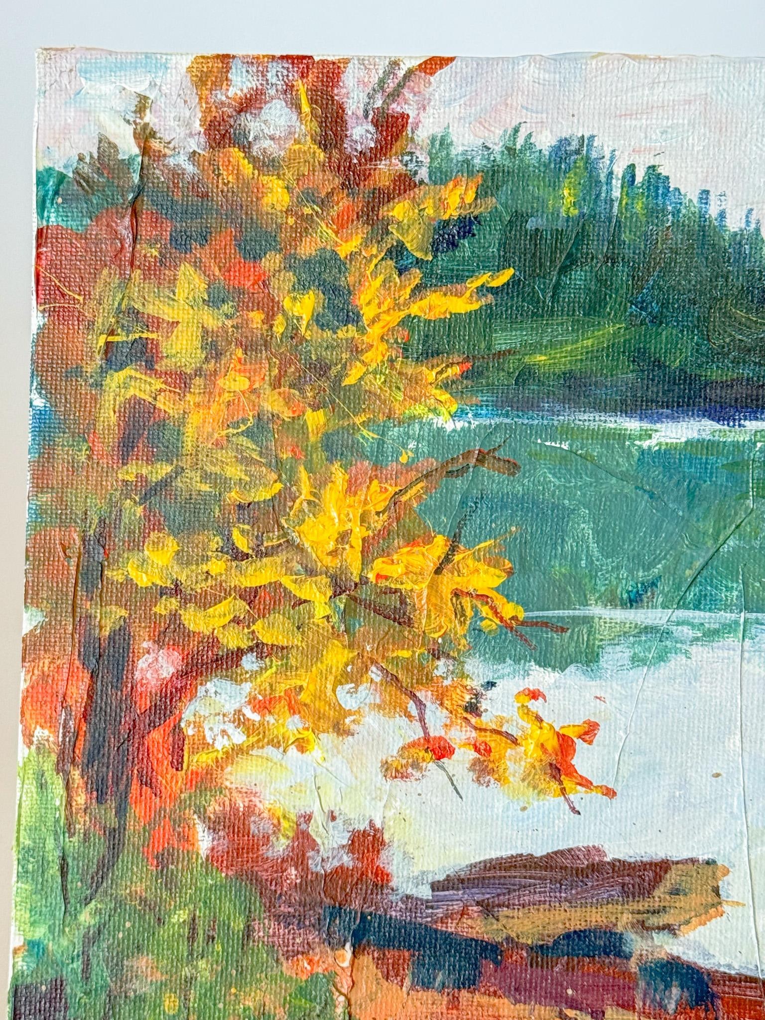 Vintage Autumnal Lakeside Landscape Painting, 9x12 - 5