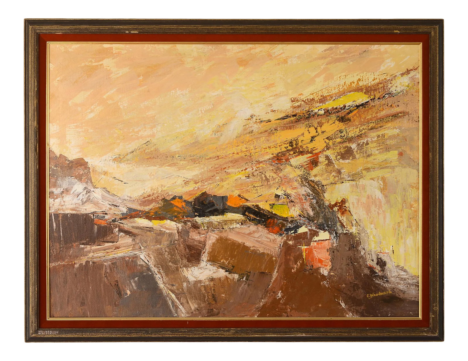 1960s "Cliffside" Modernist Abstract Landscape Oil Painting, Framed: A spectacular large abstract beauty from artist C. Woodward. The title of this painting "Cliffside" is shown on the bottom left corner on emboss tape. You can almost decipher those large cubist blocks