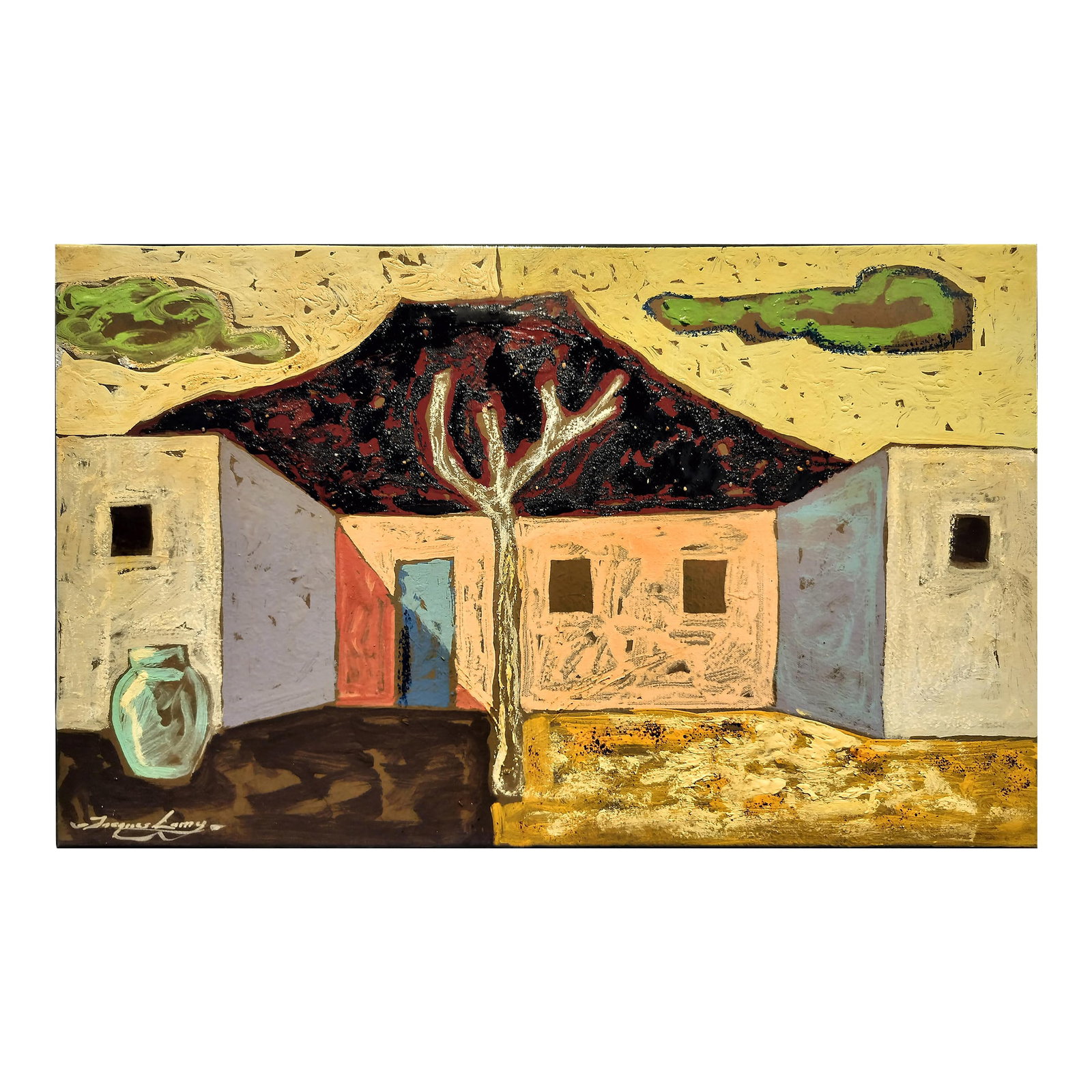"Santa Fe" Painting of Adobe Homes by Jacques Lamy: Bright painting of adobe homes titled "Santa Fe". Acrylic on canvas. Signed lower left. Has original gallery tag on back. Measures 26" wide x 16" high. From the artist's estate. Jacques Lamy bio:
