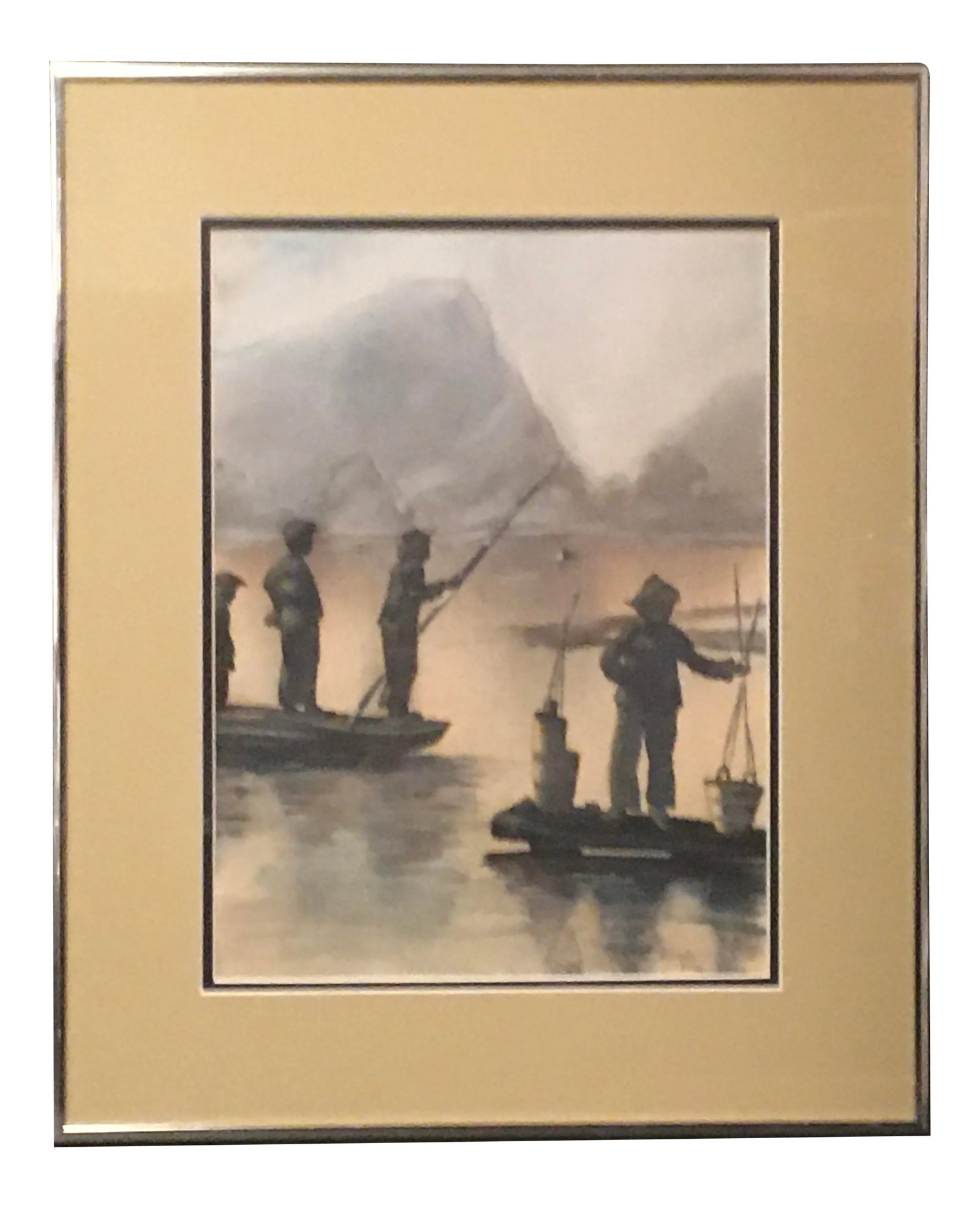 Vintage "Li River China" Watercolor Painting by Molly Rice, Framed: Beautiful watercolor painting by Molly Wagener Rice (1918-2009). Created from a slide taken on the Li River in China. Signed bottom right. The painting has serene colors of blue and tan with darker