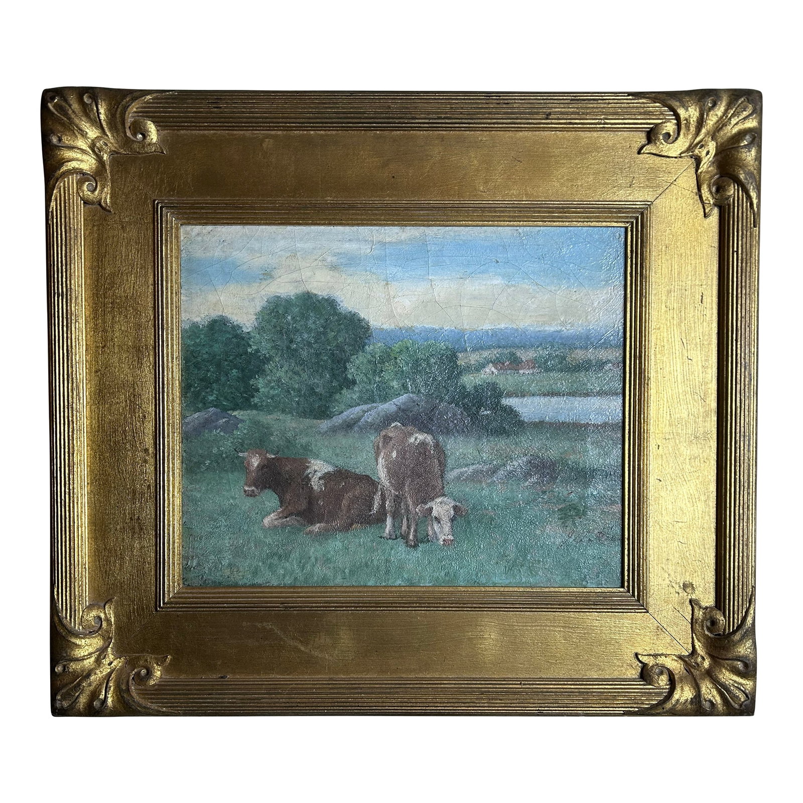 Antique Oil Painting of Cows by J. F. Rock: Lovely 19th century oil painting on canvas of cows in a pasture with a farmhouse in the distance signed and painted by J F. Rock. Painting is framed in a chunky closed corner Whistler style gilt frame