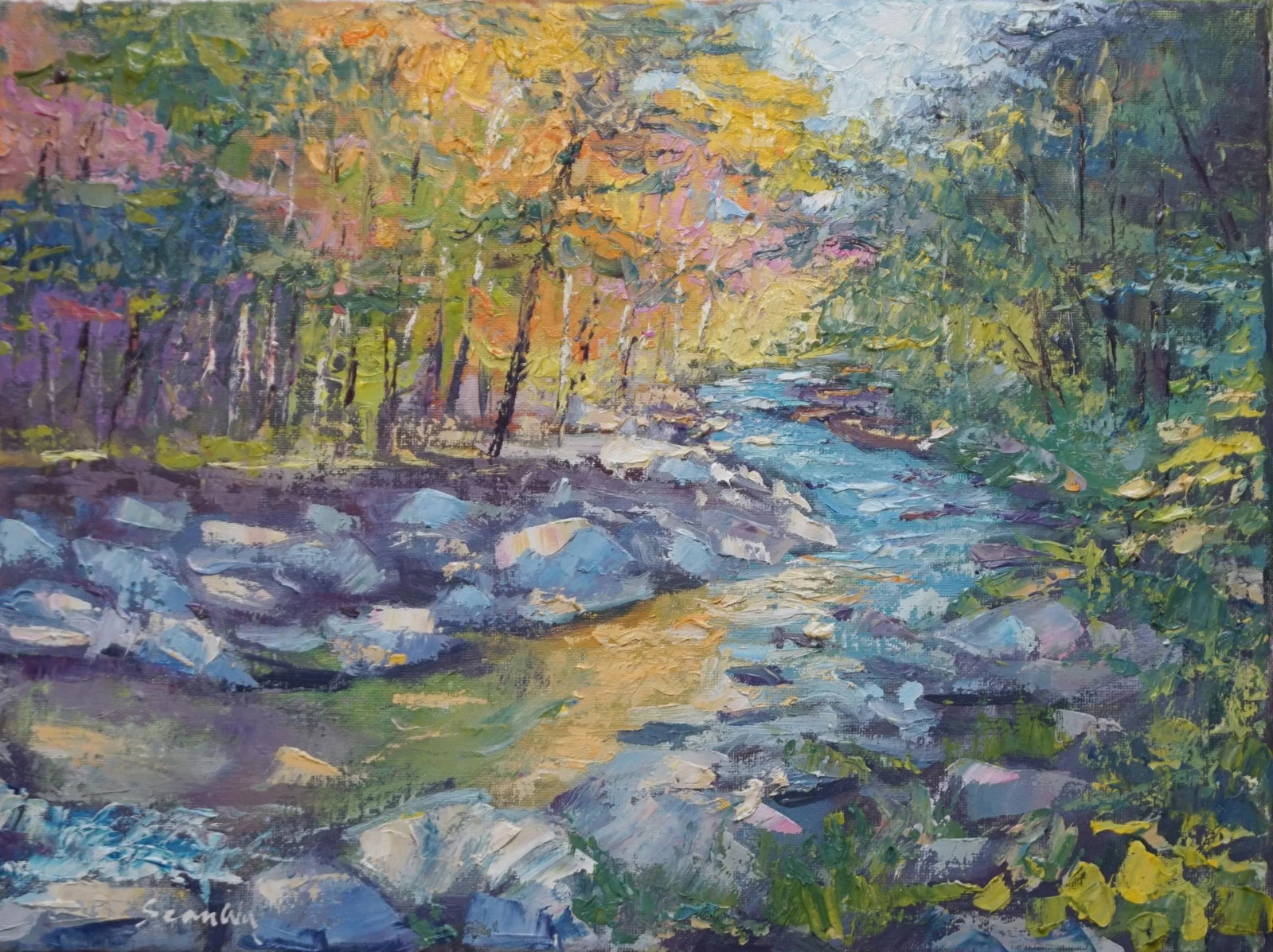 Original Impressionist Oil Painting, Autumn Stream: Original oil painting by Sean Wu, Autumn Stream Condition: Imperfections: No Imperfections Origin: United States Materials & Techniques: Oil Paint Details: What type of item is it? Not Used Art