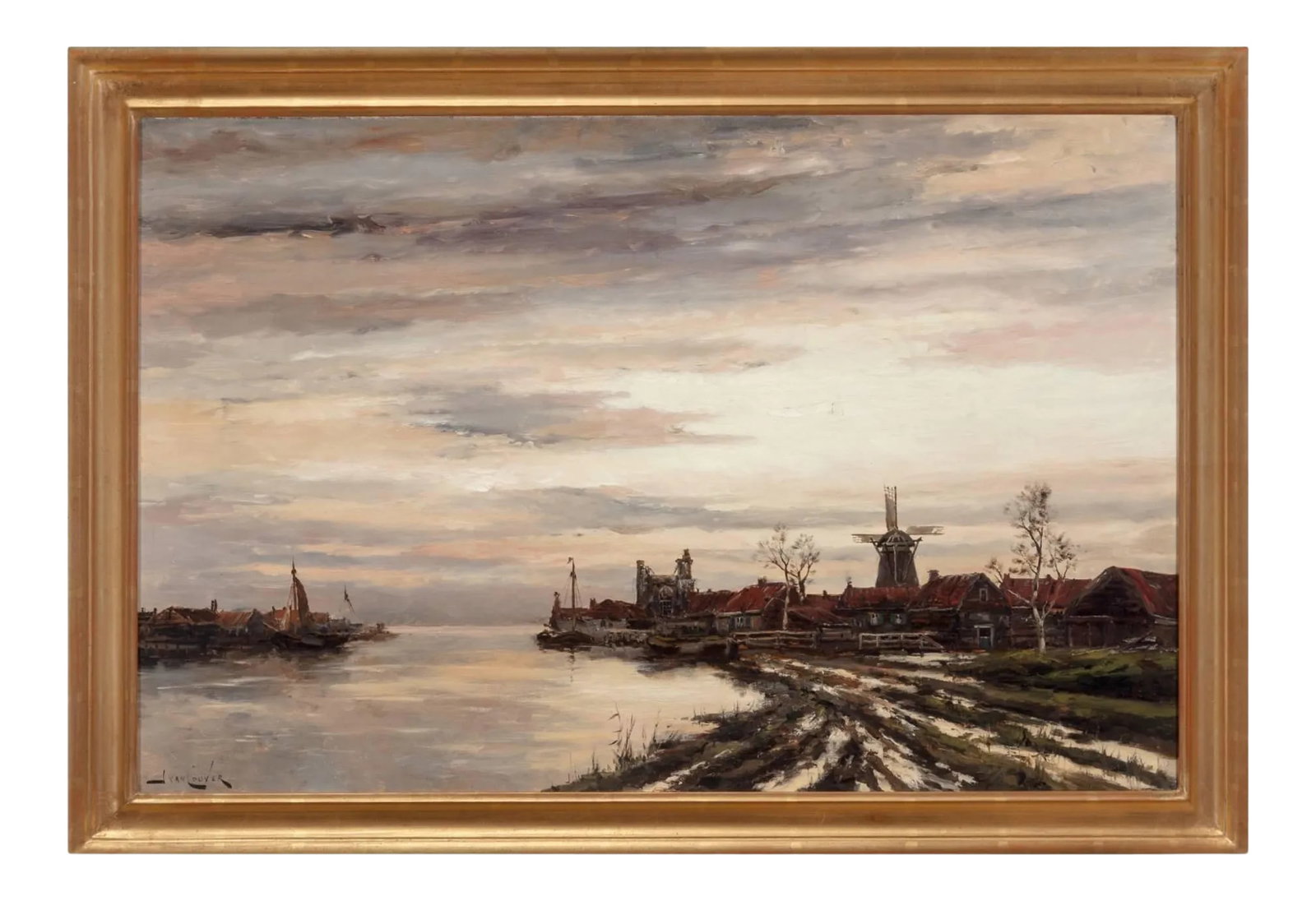 Hermanus Koekkoek Jr, View of Dutch Harbor In Winter: Hermanus Koekkoek Jr. (Dutch, 1836-1909). View of Dutch A Harbor in Winter. Oil on canvas. Measures: 24 x 36 inches (61.0 x 91.4 cm). Signed lower left: J van Couver. A powerful yet serene Dutch harbo