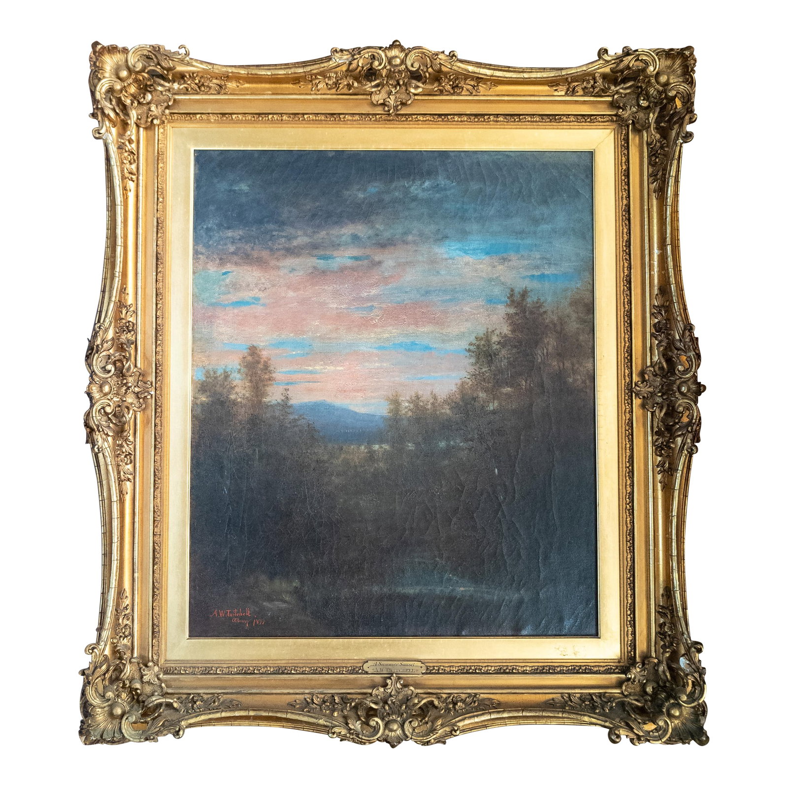 19th Century American Luminist Hudson River School Painting by Asa Weston Twitchell: We are selling this gorgeous 19th century American landscape painting. This landscape has luminist influence on Hudson River School roots. The painting features a view of a stunning sunset through som