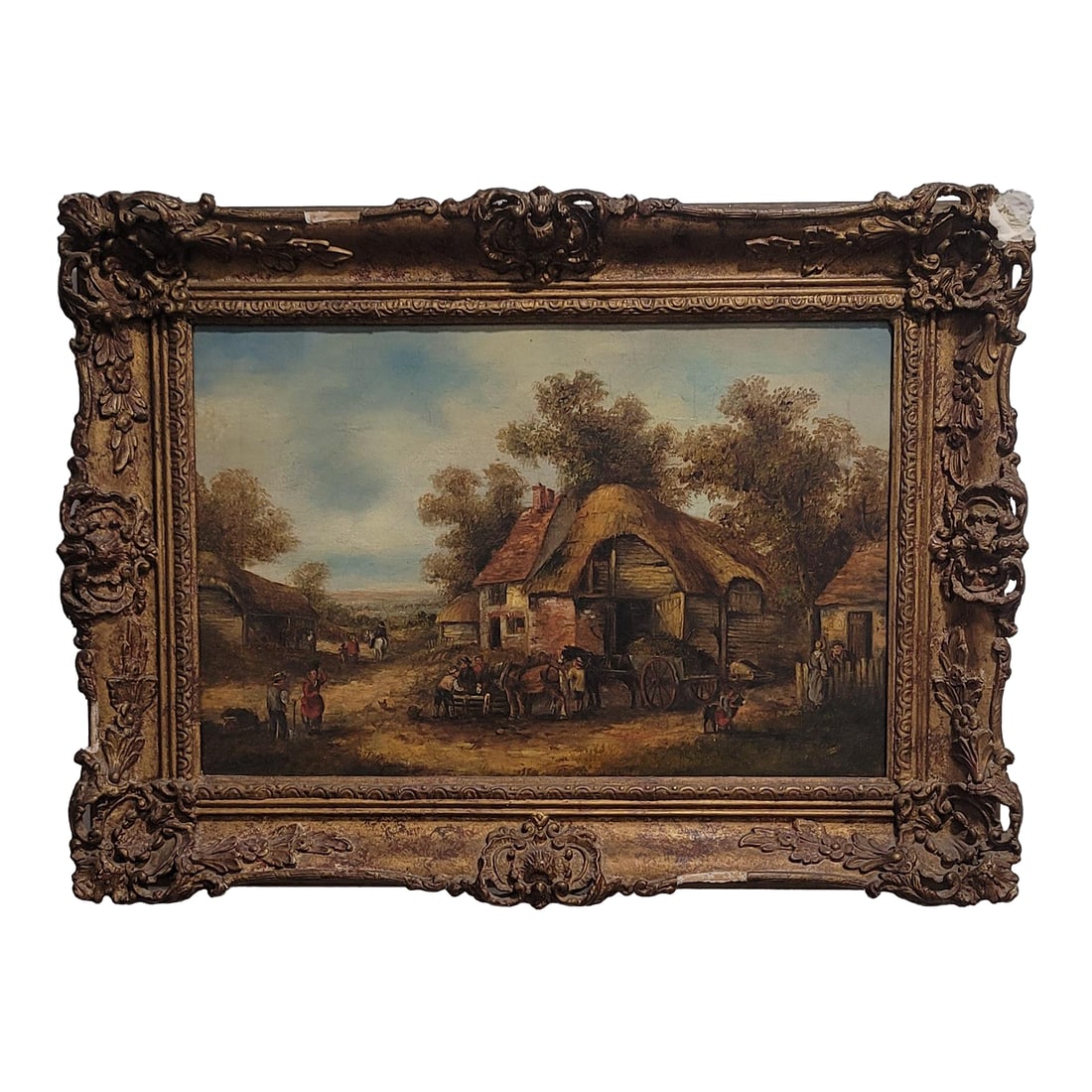 Antique English Original Landscape Oil Painting Georgina Lara 19th Century Gold Frame: Georgina Lara British (1828-1871) This antique oil painting depicts a rural village scene with people going about their daily lives. Dating from the mid 19th century captures a busy countryside