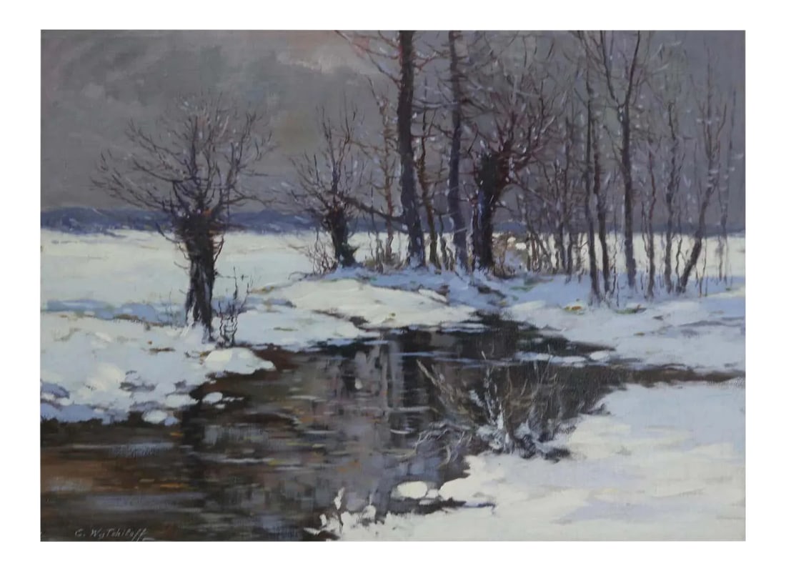 Constantin Alexandrovitch Westchiloff "Moonlit Meadows In The Snow": Constantin Alexandrovitch Westchiloff (American/Russian, 1877-1945), untitled scene of a snowy far off meadow in the moon light. Oil on canvas, signed lower right Measures: Canvas: 20.85 x 27.75