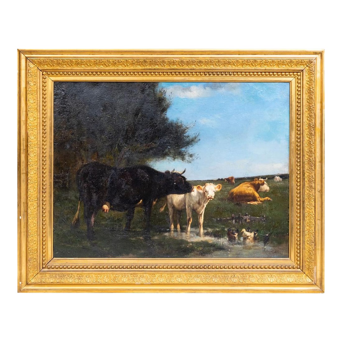 1940s Continental School: Landscape With Cows: This exceptional oil on canvas is an unsigned painting in a beautiful gold frame. It's in excellent condition and will elevate whatever room it's placed in. Condition: Alterations: Original Condition