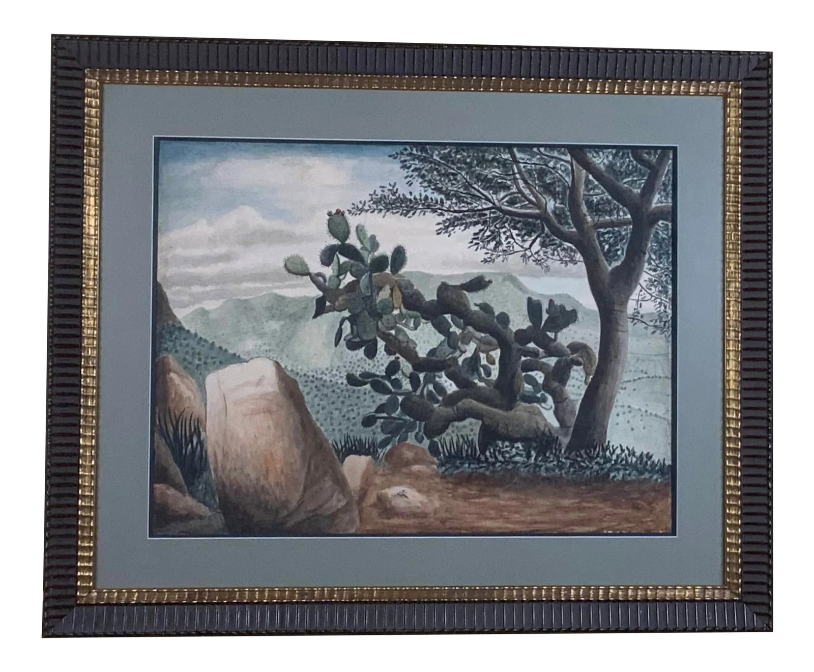 1960s "Lonely Cactus on the Mountain" Desert Landscape Watercolor Painting by Amador Lugo Guadarrama: Exceptional painting by famous Mexican artist Amador Lugo Guadarrama (April 12, 1921 - June 26, 2002) was a Mexican painter, graphic artist, writer and cultural promoter, best known for his landscape