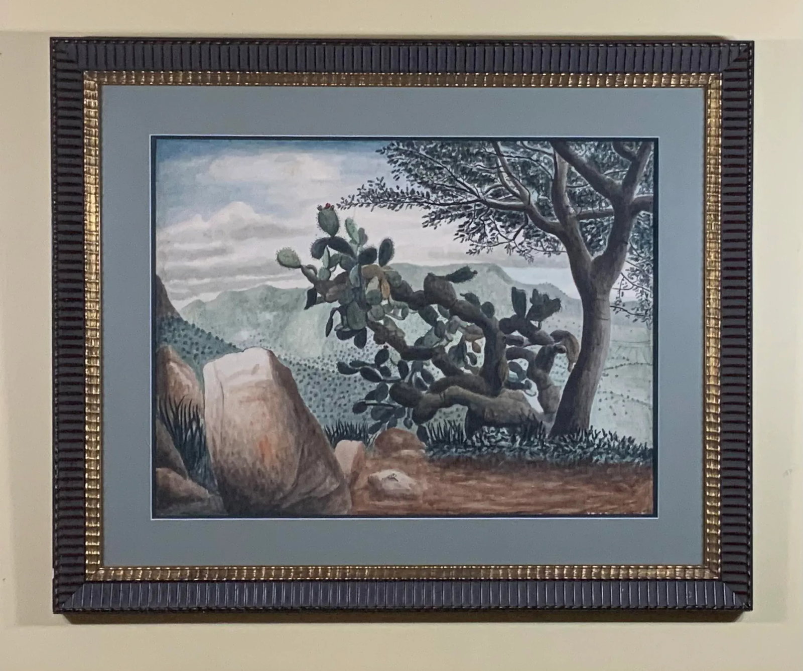 1960s "Lonely Cactus on the Mountain" Desert Landscape Watercolor Painting by Amador Lugo Guadarrama - 2