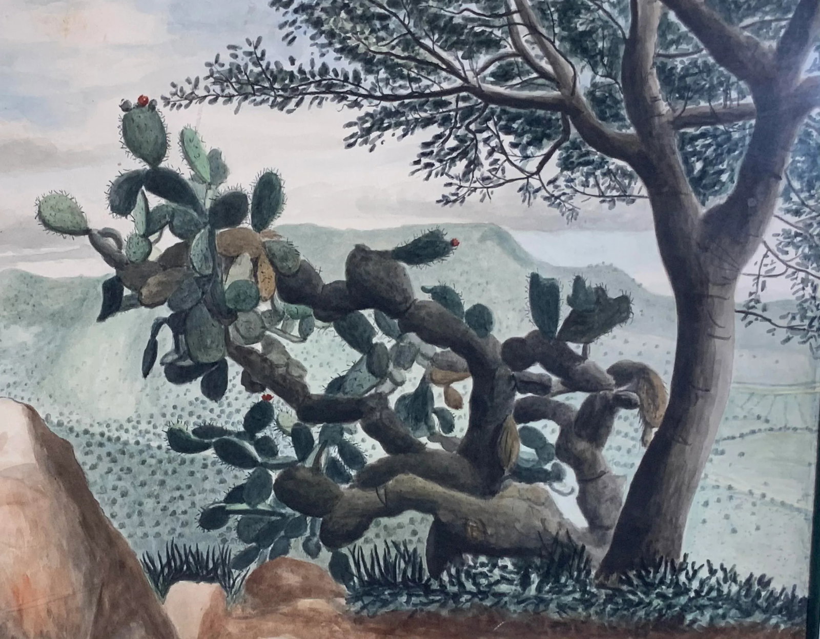 1960s "Lonely Cactus on the Mountain" Desert Landscape Watercolor Painting by Amador Lugo Guadarrama - 3