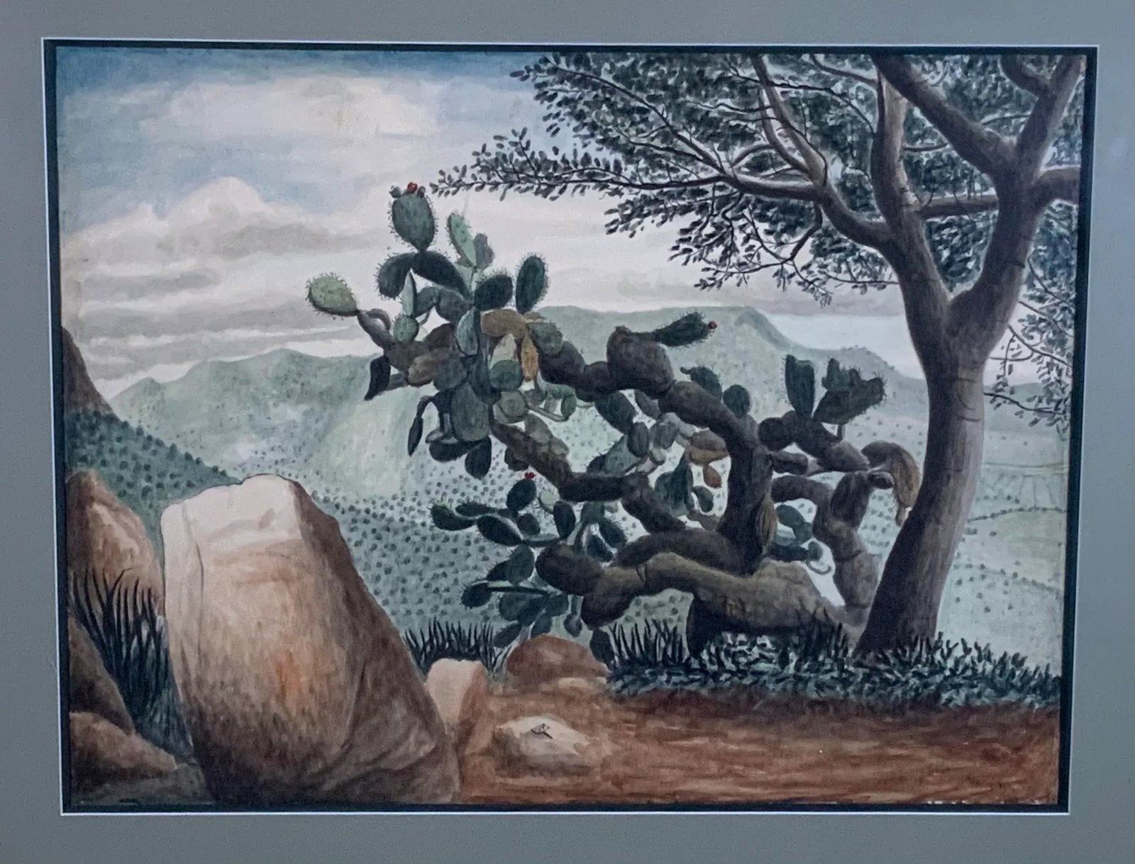 1960s "Lonely Cactus on the Mountain" Desert Landscape Watercolor Painting by Amador Lugo Guadarrama - 4