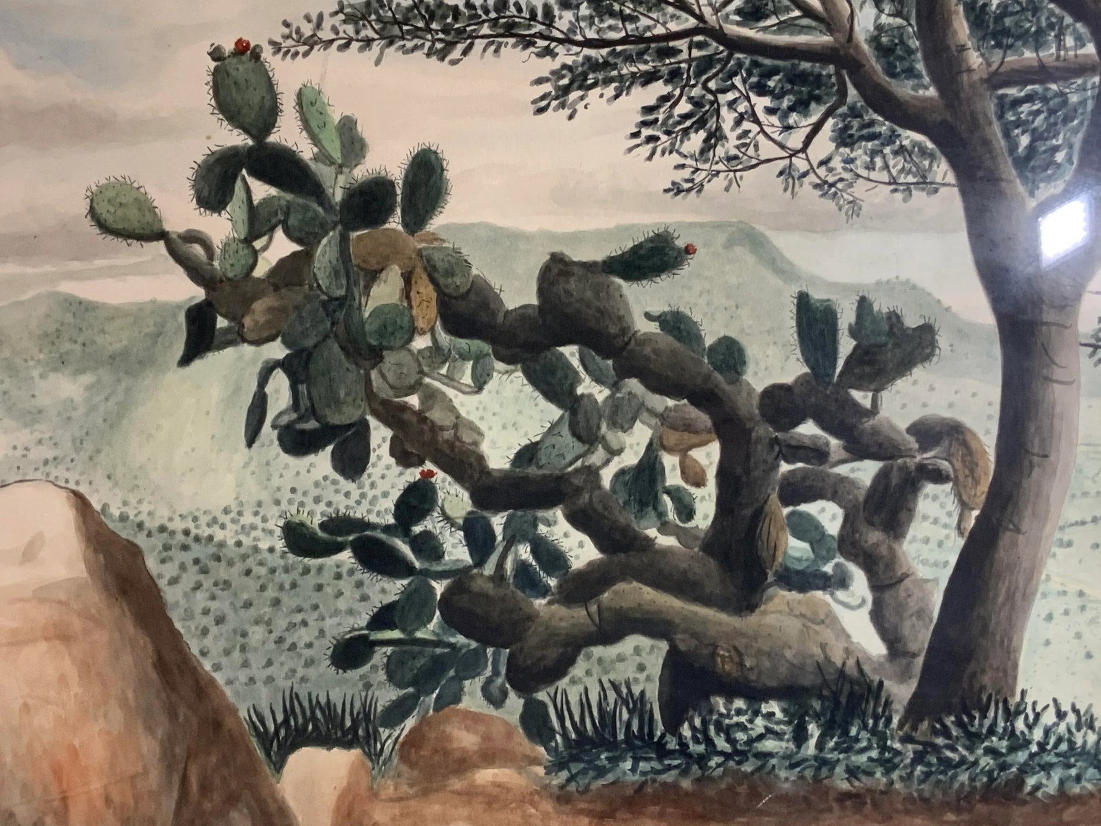 1960s "Lonely Cactus on the Mountain" Desert Landscape Watercolor Painting by Amador Lugo Guadarrama - 9