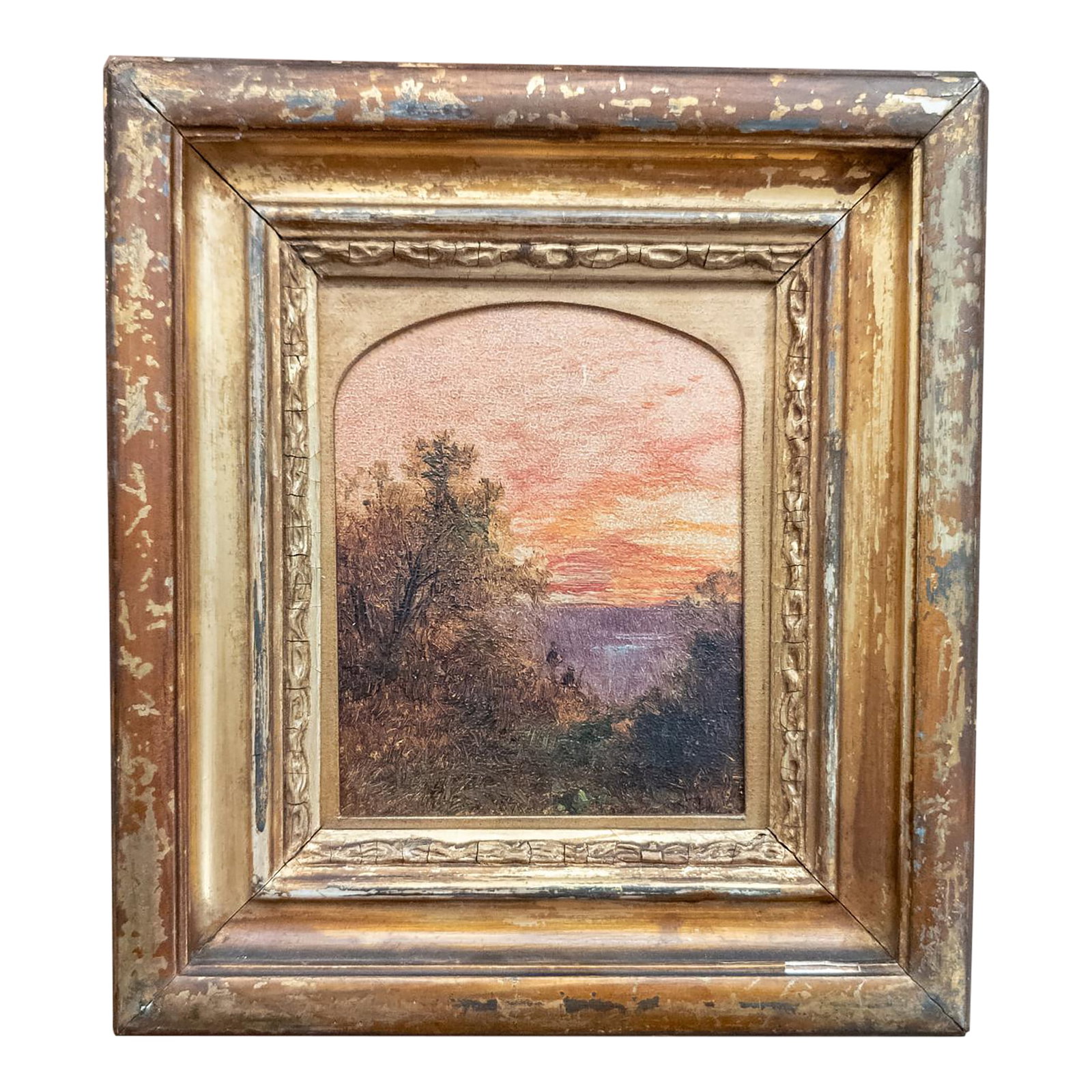 19th Century American Luminist Hudson River School Landscape Painting: We are selling this gorgeous stunning small scale Luminist Hudson River School painting. This painting is executed in oil on card and features a sunset scene in vivid oranges reds and pinks with two