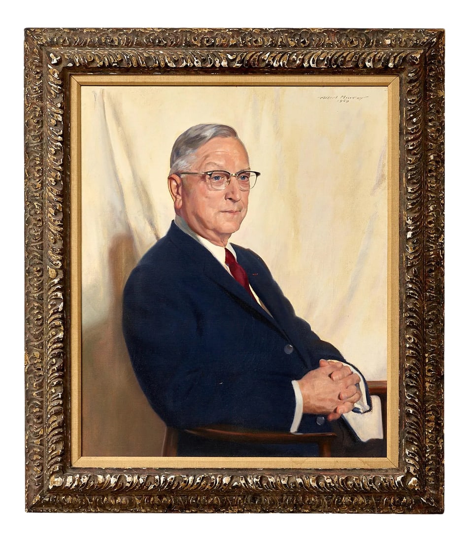 Oil on Canvas Portrait Painting of Clark Thomson Painted by Albert Murray: Oil on canvas portrait painting of Clark Thomson painted by Albert Murray 1969 signed on top right Albert Murray was known for painting naval war heroes from WWII. Clark Thompson fought in both WWI an