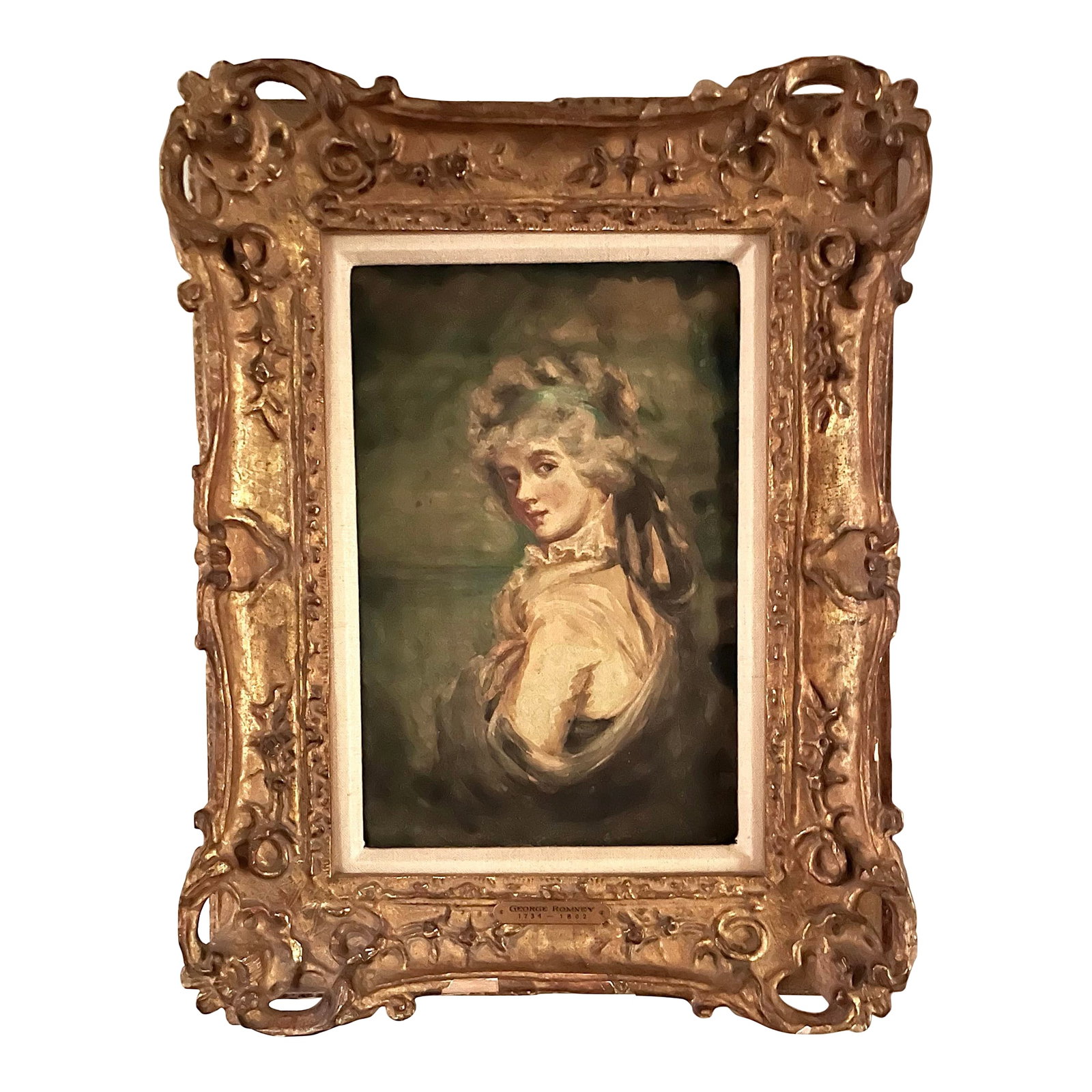 George Romney Portrait Painting of Lady Pamela Fitzgerald Watercolor.: George Romney English, 1734-1802 watercolor painting on paper portrait of Lady Pamela Fitzgerald. The late 18th-century work is signed by the artist to the upper left corner. Presented in an ornate gi