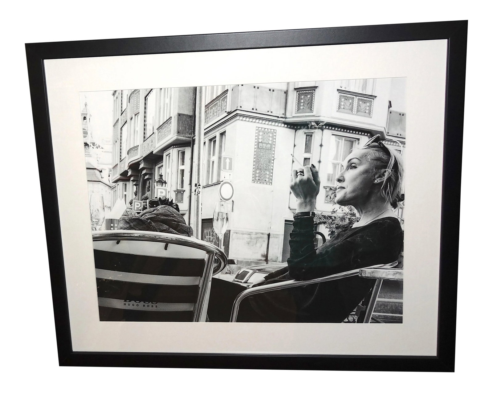 "Prague Cafe 2015" Contemporary Black and White Photograph by David Rubin, Framed: We are pleased to welcome photographer David Rubin to our gallery and are excited to exhibit some of his amazing B&W street photography. This fine art, black & white photo, "Prague Cafe 2015" has the