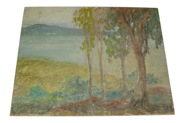 1950 Modernist Landscape Painting by J Gordon Guthrie: This is one of 5 works I acquired by well listed stain glass artist john gordon guthrie. Born into a prominent scottish stained glass family he moved to america around the turn of the century. The