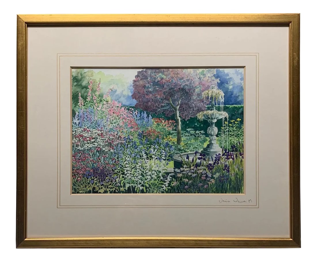 1980s "On a Summers Day" Flower Garden Watercolor Painting by Verina Warren, Framed: This is really a wonderful original. I was lucky enough to pickup some incredible paintings by the important 20th Century English artist, Verina Warren. For as important as she is, it is difficult to