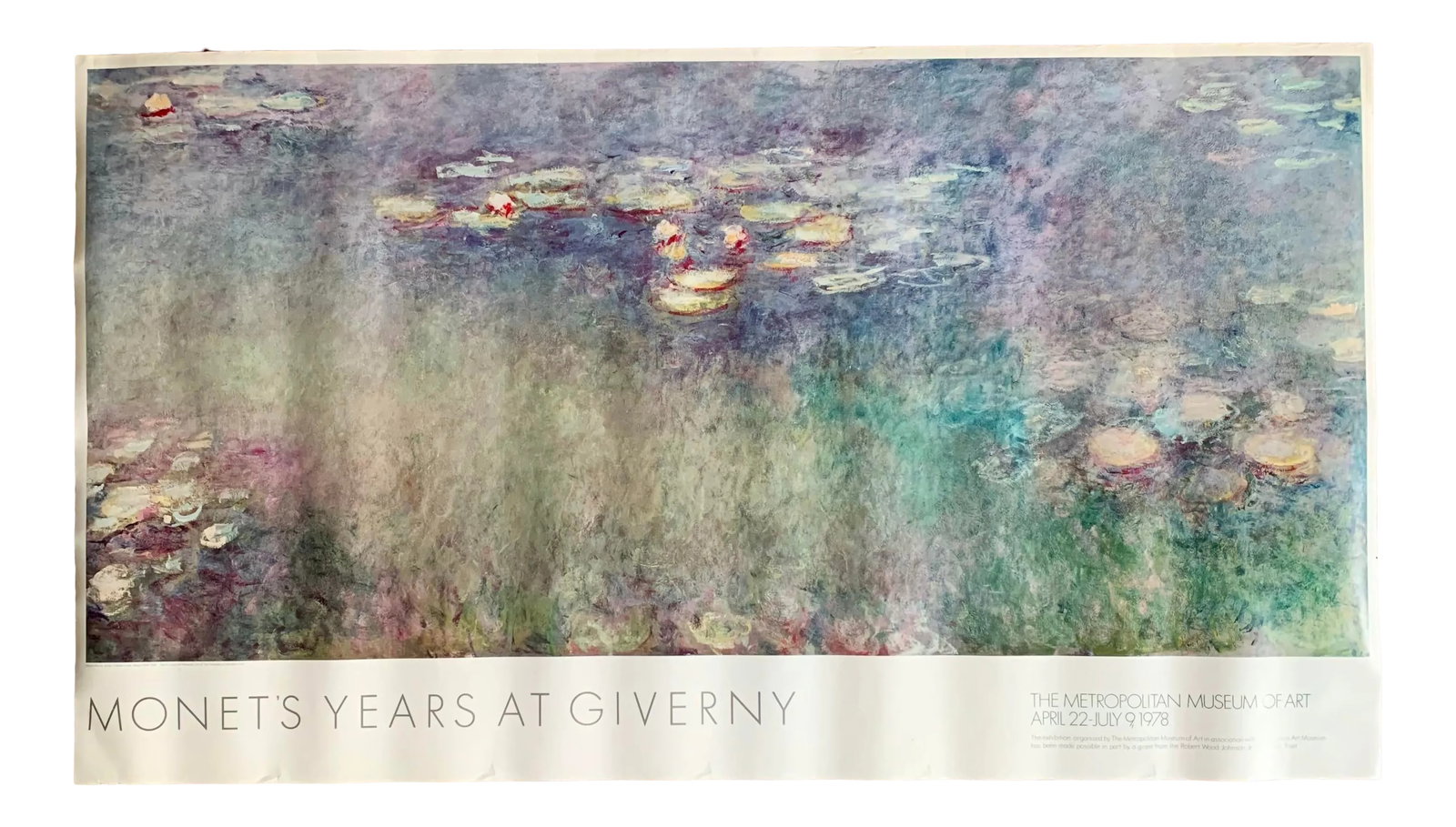 1978 Claude Monet Metropolitan Museum of Art Exhibit Poster: This wonderful and iconic exhibition poster is from The Metropolitan Museum of Art 1978 "Monet's Years At Giverny" show. This poster is large and unframed with beautiful pastel colors. Dramatic