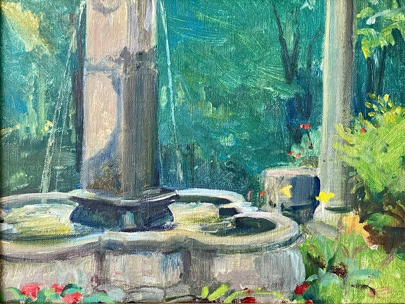 Late 20th Century Pair Modern Impressionist Oil Paintings of Garden by Day & Garden at Dusk, Framed - 10