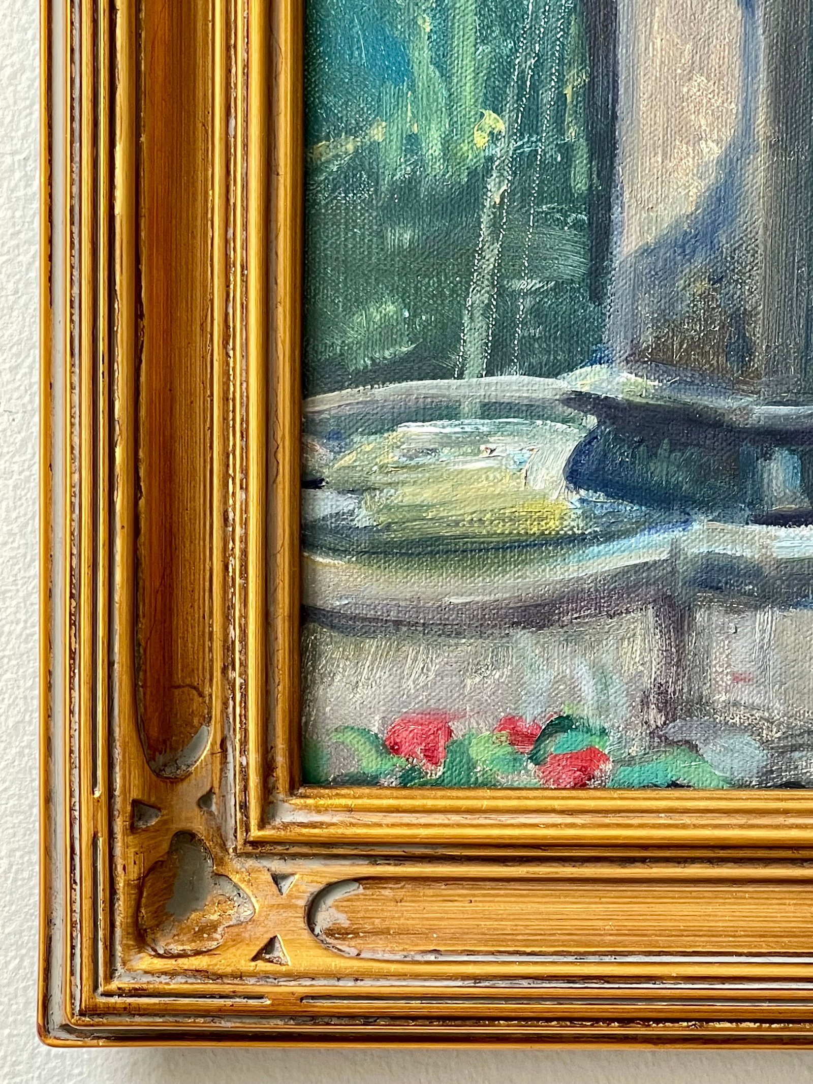 Late 20th Century Pair Modern Impressionist Oil Paintings of Garden by Day & Garden at Dusk, Framed - 14