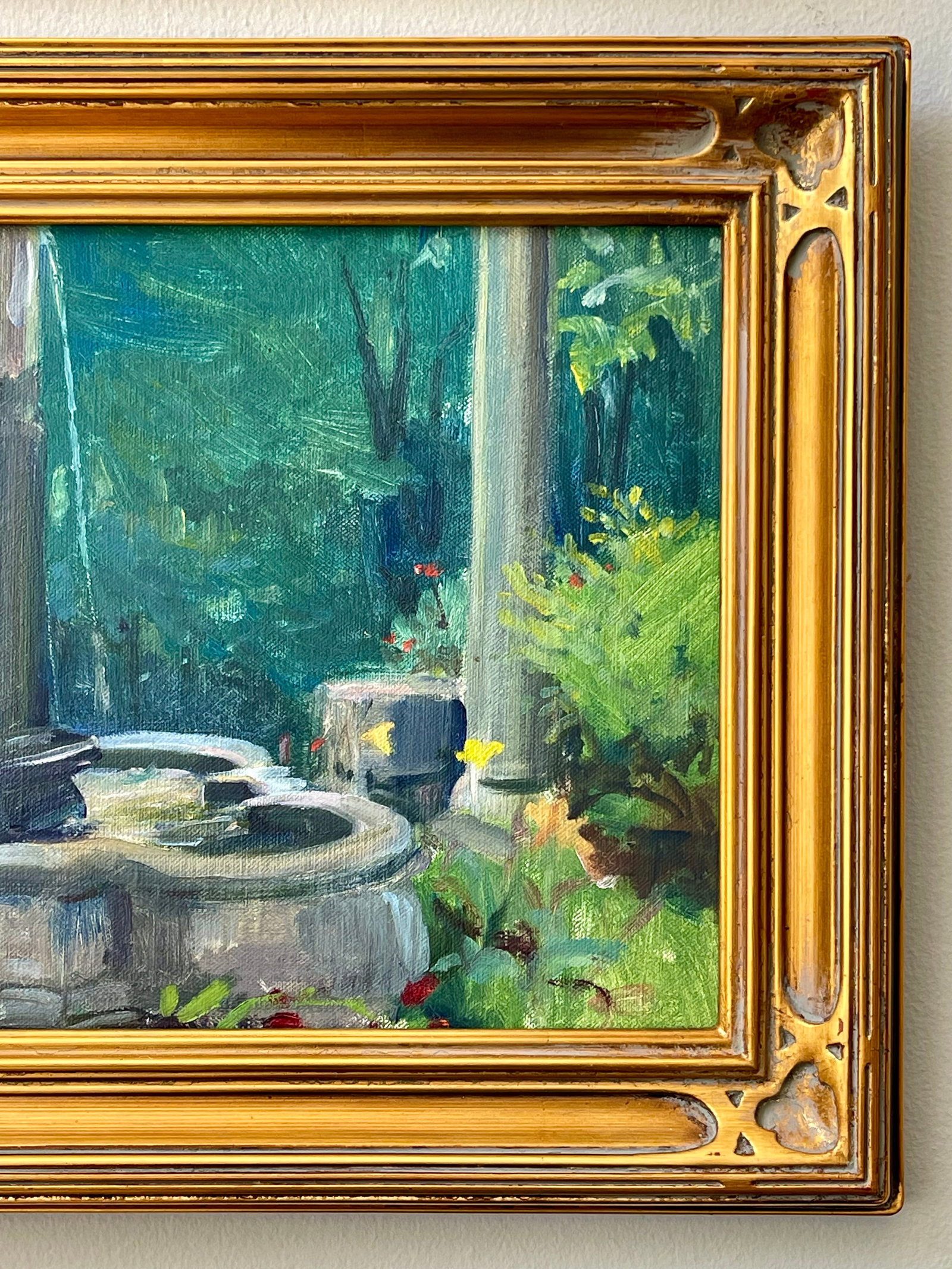 Late 20th Century Pair Modern Impressionist Oil Paintings of Garden by Day & Garden at Dusk, Framed - 15