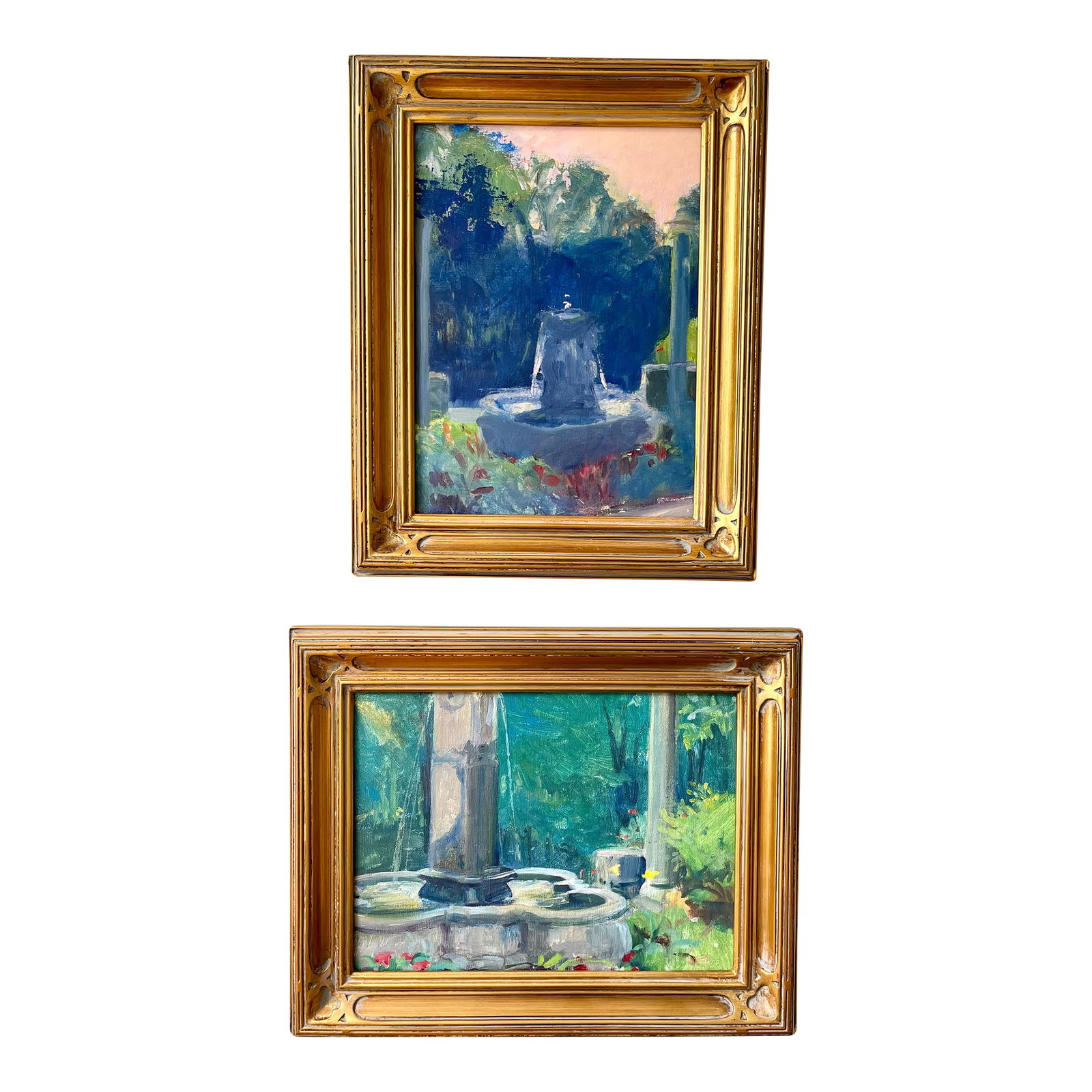 Late 20th Century Pair Modern Impressionist Oil Paintings of Garden by Day & Garden at Dusk, Framed: This gorgeous pair are studies from a plein aire series by artist Caroline Gantz (American, born 1954). The paintings each portray the same fountain during the day and then again at dusk. Bold colors