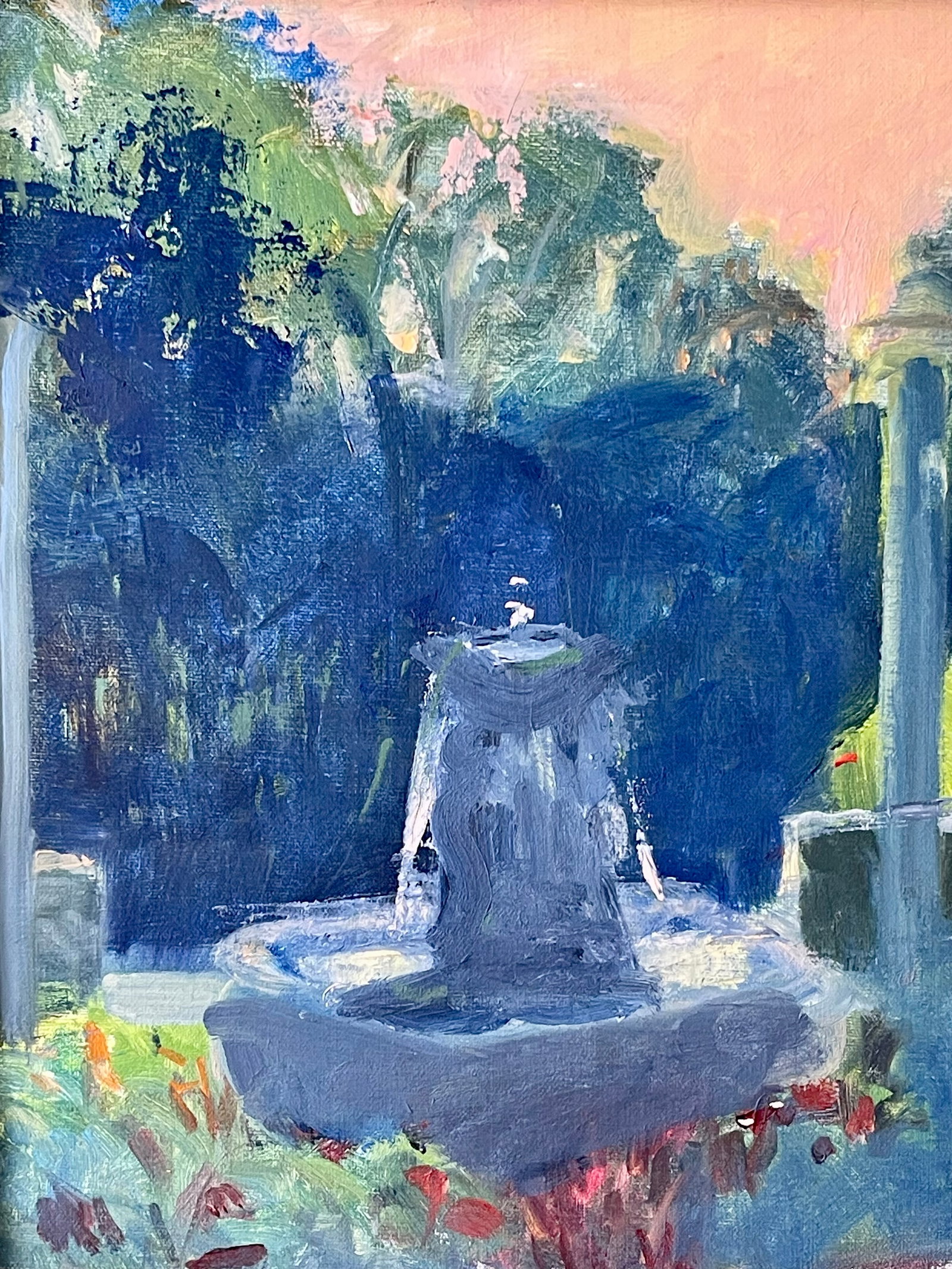 Late 20th Century Pair Modern Impressionist Oil Paintings of Garden by Day & Garden at Dusk, Framed - 3