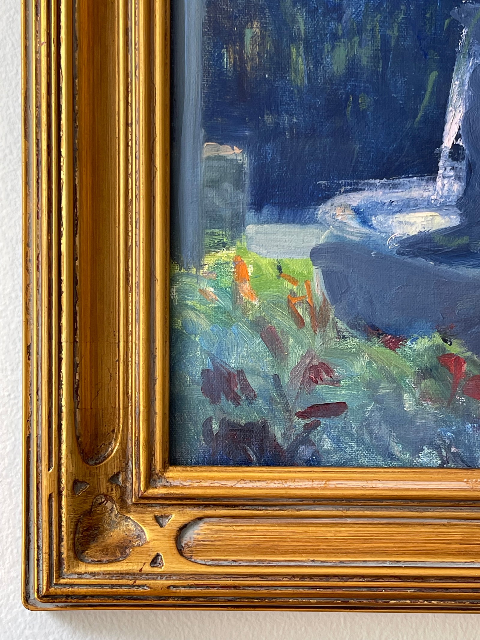 Late 20th Century Pair Modern Impressionist Oil Paintings of Garden by Day & Garden at Dusk, Framed - 7