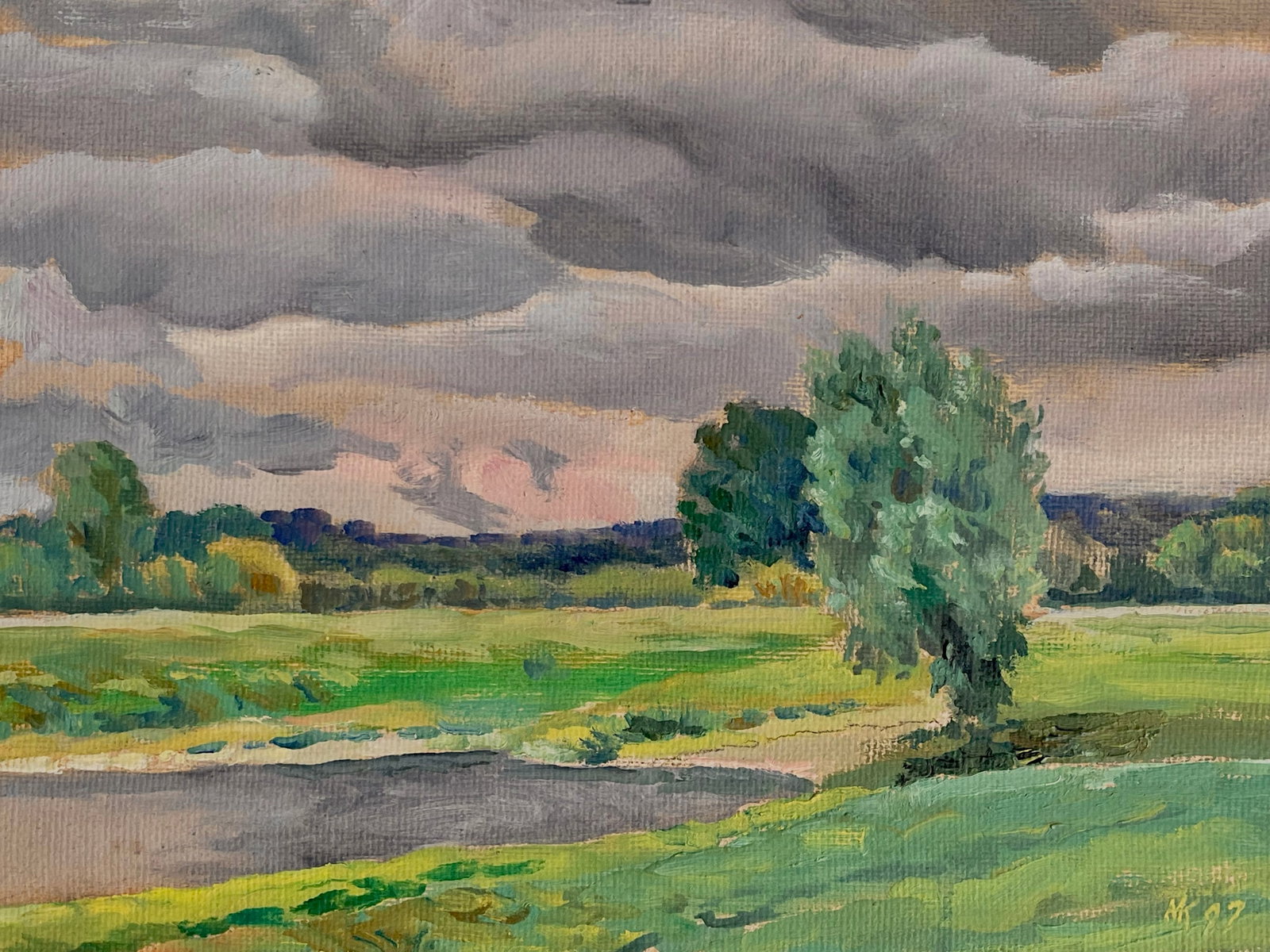 Vintage Original Oil Painting Landscape With Rolling Storm Clouds, 1997 - 2