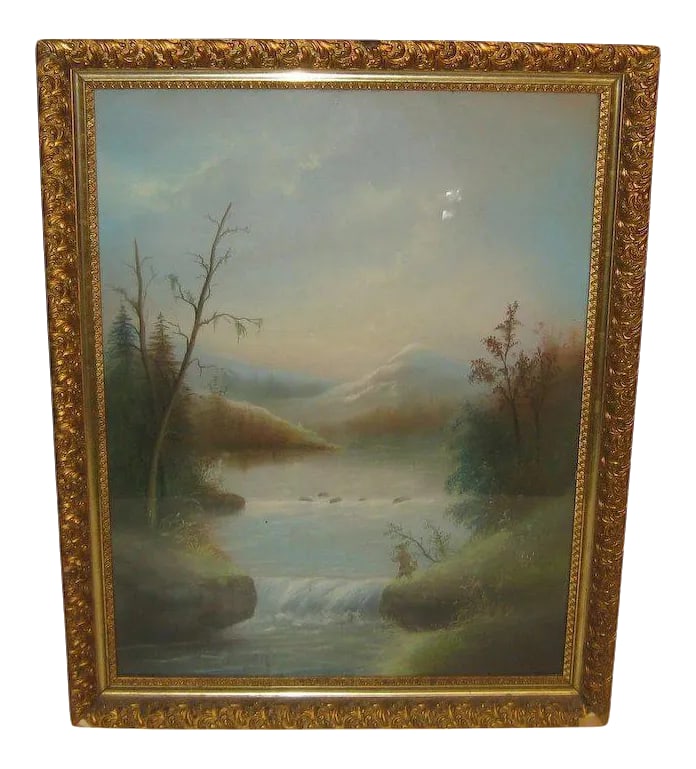 Fishing Pastel Painting by John Bower: This is really a fantastic piece. John s bower was a new england artist who worked from new hampshire to new york in the 1840-1860 period. He was known for these pastel landscapes as well as fruit sti