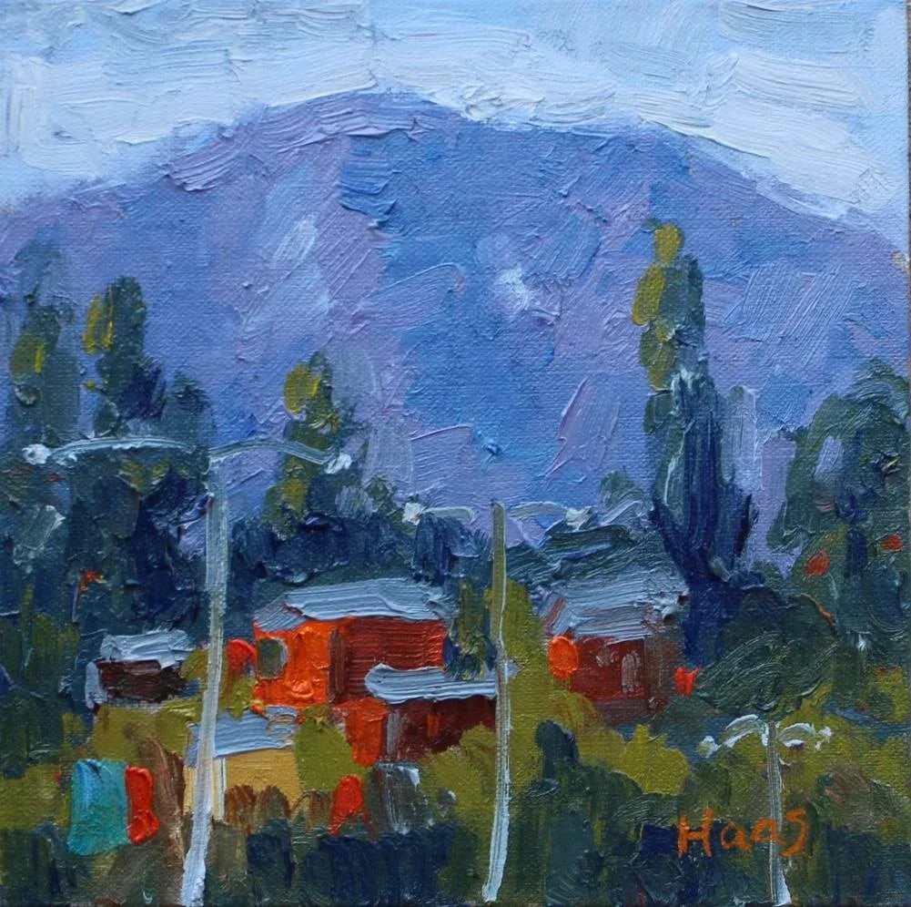 Mt Tamalpais, Contemporary Expressionist Oil Painting: Quiet Places & Journeys - Mt. Tamalpais, Marin County Original oil painting by L Haas, 8 x 8 unframed linen panel, signed. Soft shapes and gentle tones suggest a calm hillside view. Unframed. Frames