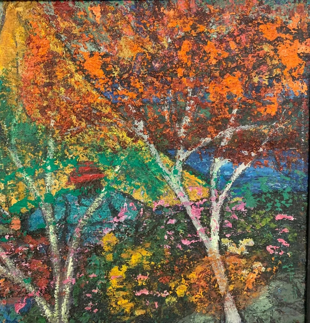 Mid 20th Century "Red Maple" Expressionist Folk Art Style Tree Landscape Oil Painting by Bea Haverbu - 11