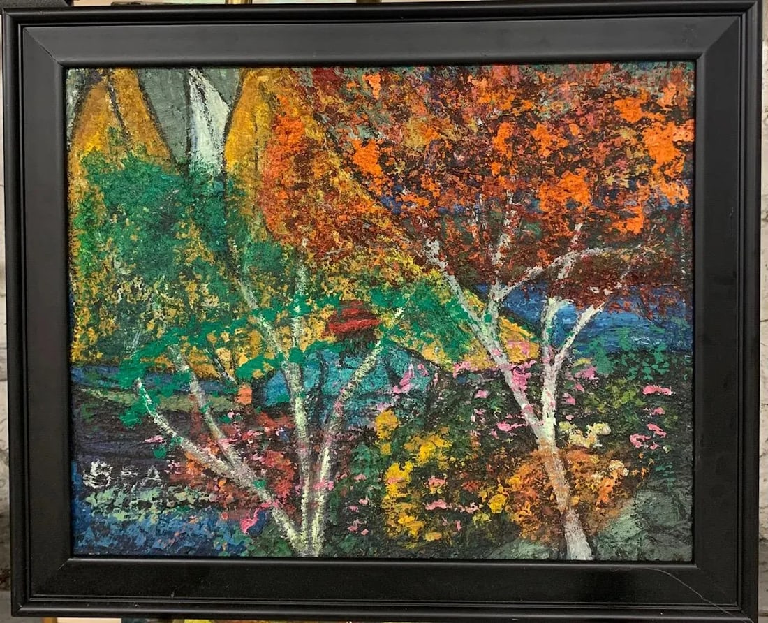 Mid 20th Century "Red Maple" Expressionist Folk Art Style Tree Landscape Oil Painting by Bea Haverbu - 12
