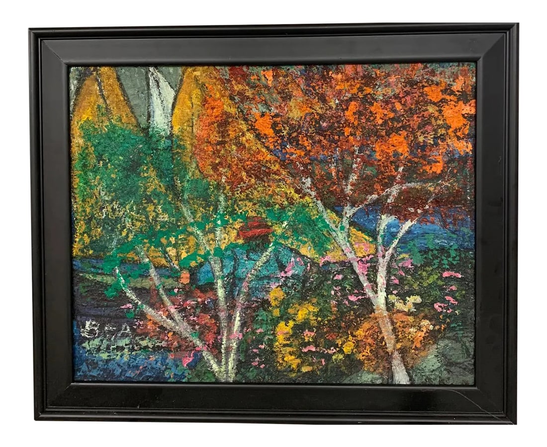 Mid 20th Century "Red Maple" Expressionist Folk Art Style Tree Landscape Oil Painting by Bea Haverbu (1 of 12)