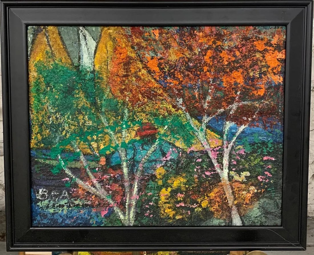 Mid 20th Century "Red Maple" Expressionist Folk Art Style Tree Landscape Oil Painting by Bea Haverbu - 2