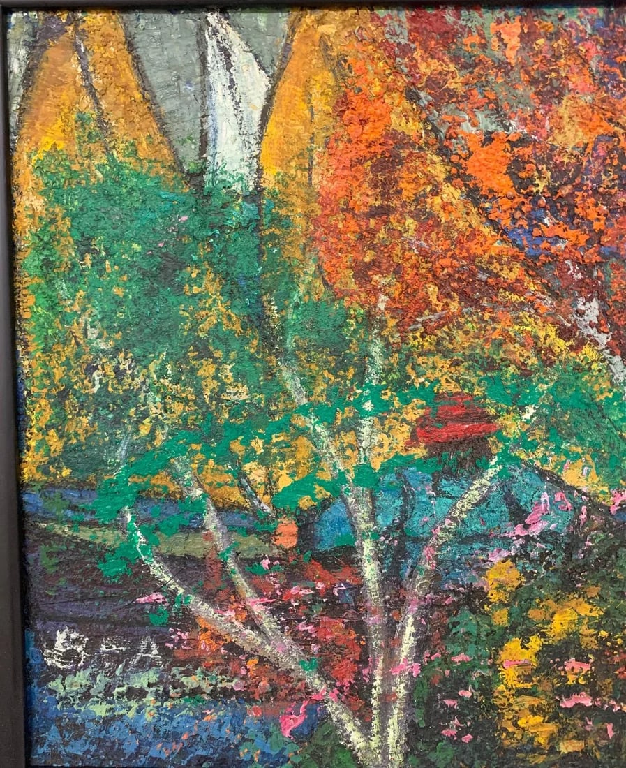 Mid 20th Century "Red Maple" Expressionist Folk Art Style Tree Landscape Oil Painting by Bea Haverbu - 3