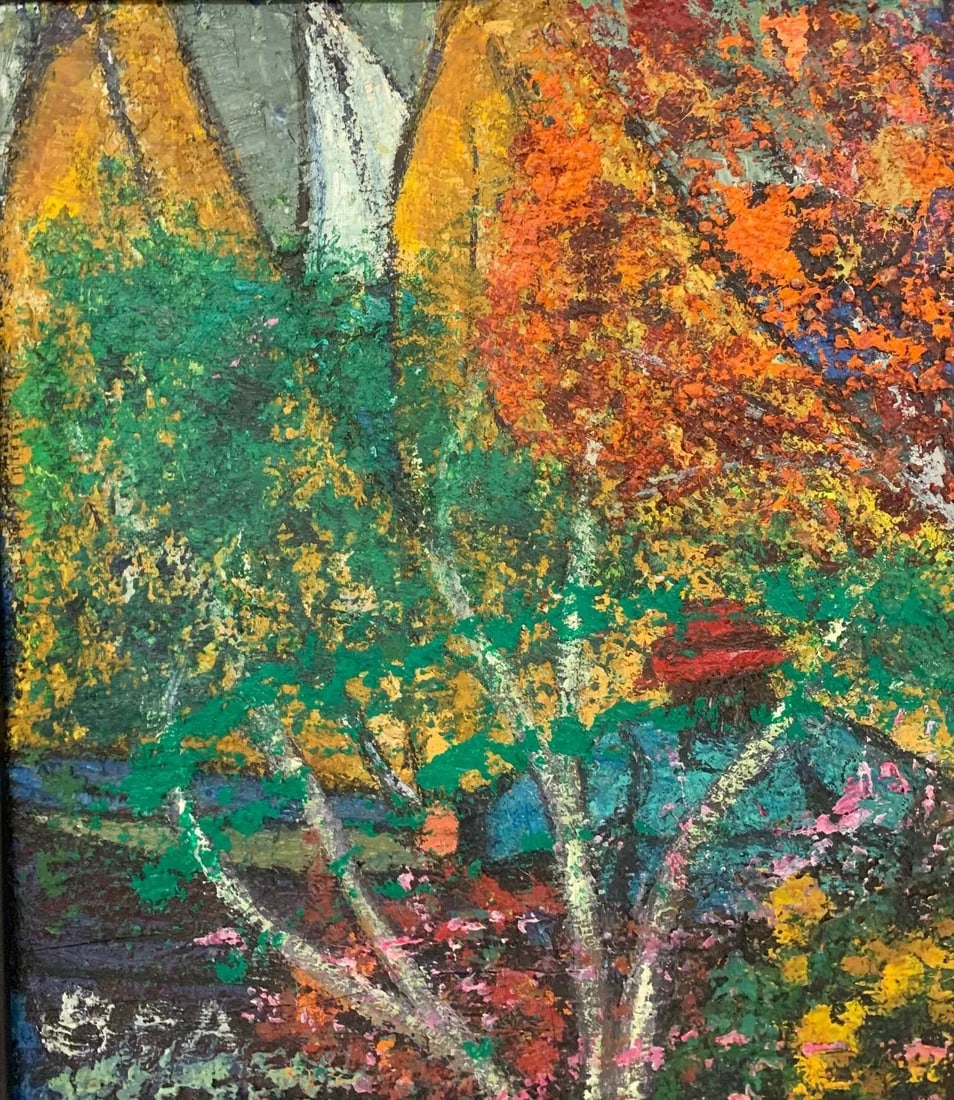 Mid 20th Century "Red Maple" Expressionist Folk Art Style Tree Landscape Oil Painting by Bea Haverbu - 4