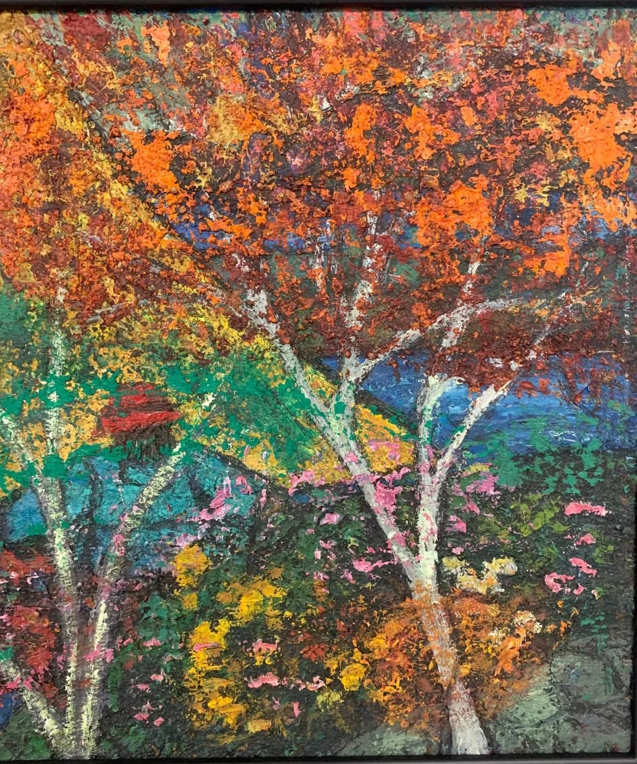 Mid 20th Century "Red Maple" Expressionist Folk Art Style Tree Landscape Oil Painting by Bea Haverbu - 5