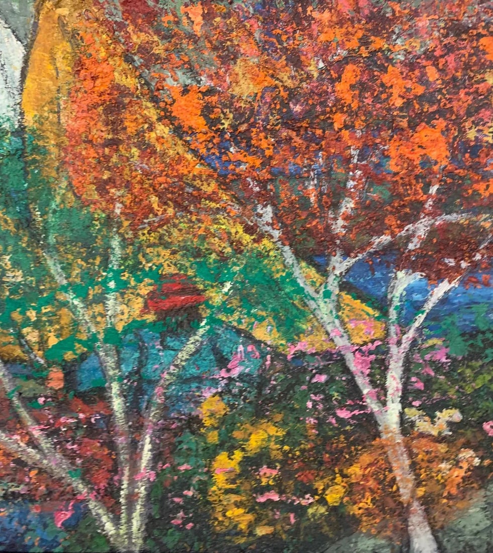 Mid 20th Century "Red Maple" Expressionist Folk Art Style Tree Landscape Oil Painting by Bea Haverbu - 6