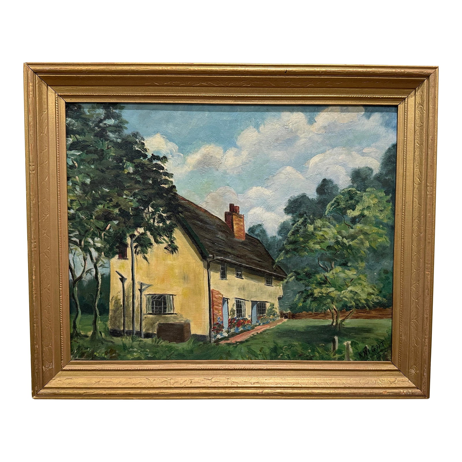 Ruby Knight-Herndon 1959 Suffolk England House Oil Painting: RUBY KNIGHT-HERNDON Crown Farm House Ufford, Suffolk England Oil on canvas Dates: 1959 Signature: Hand-signed lower right Dimensions: 19.5" x 15.5" Framed: 23.5" x 19.5" Condition: Excellent vintage c