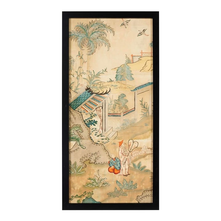 20th Century Chinoiserie Pigment on Paper Panel, Framed: Beautiful large chinoiserie piece of art on paper. Lovely muted colors framed under glass. Has wire hanger on back. Provenance: the estate of Leonard Stanley, Los Angeles, CA Condition: Alterations: O