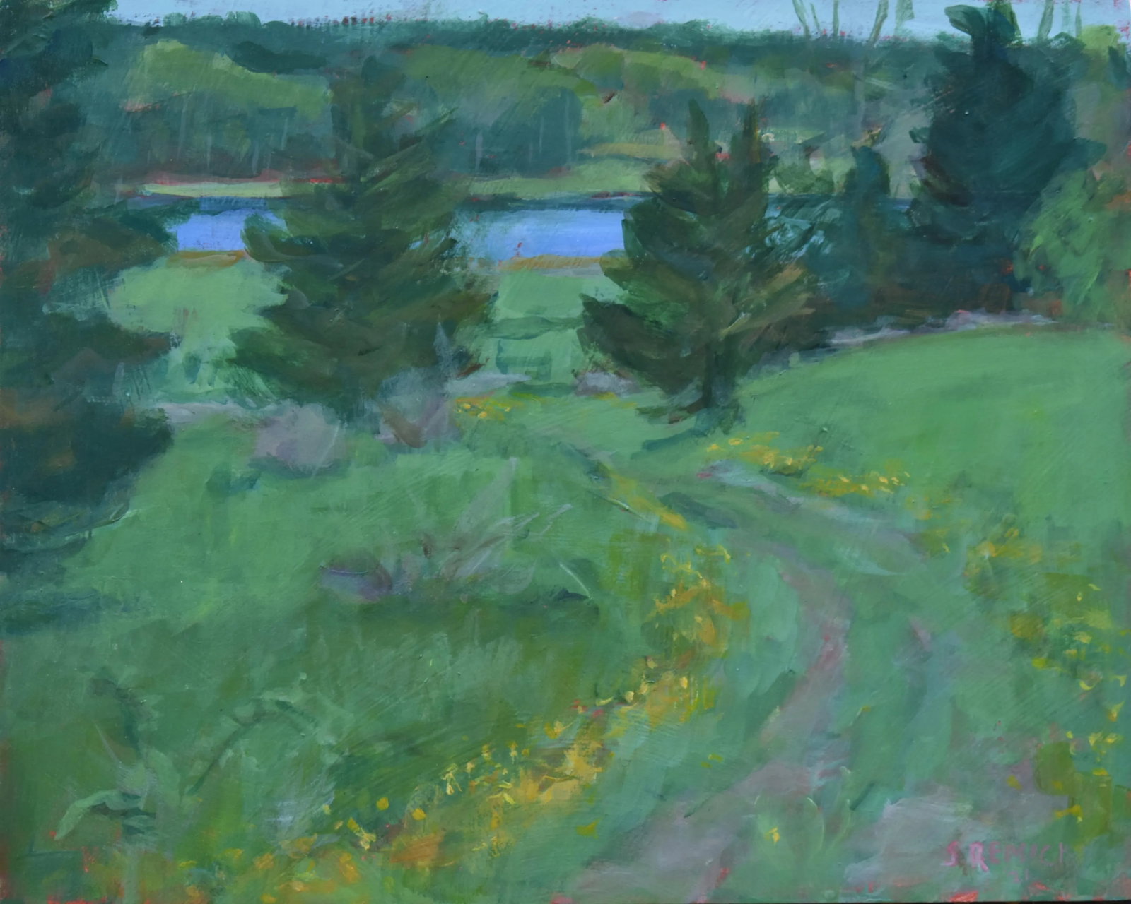 "Buttercup Lined Path" Contemporary Plein Air Acrylic Painting by Stephen Remick (1 of 9)