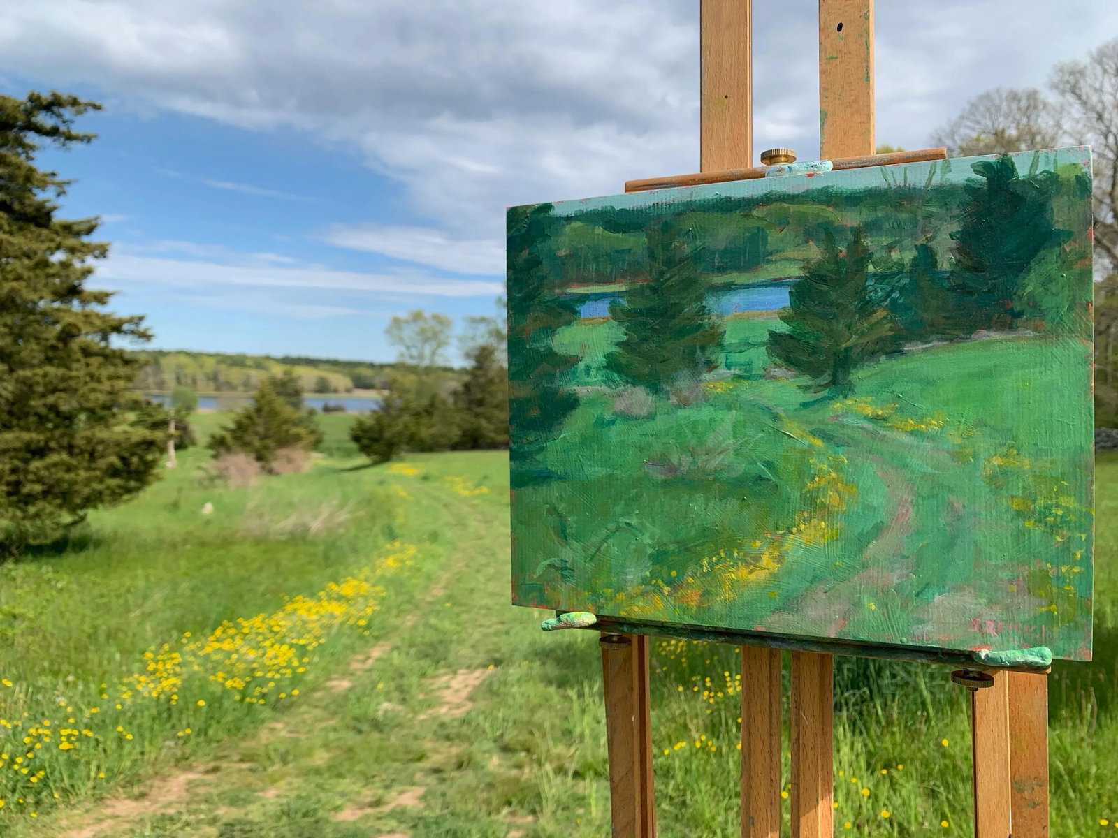 "Buttercup Lined Path" Contemporary Plein Air Acrylic Painting by Stephen Remick - 7