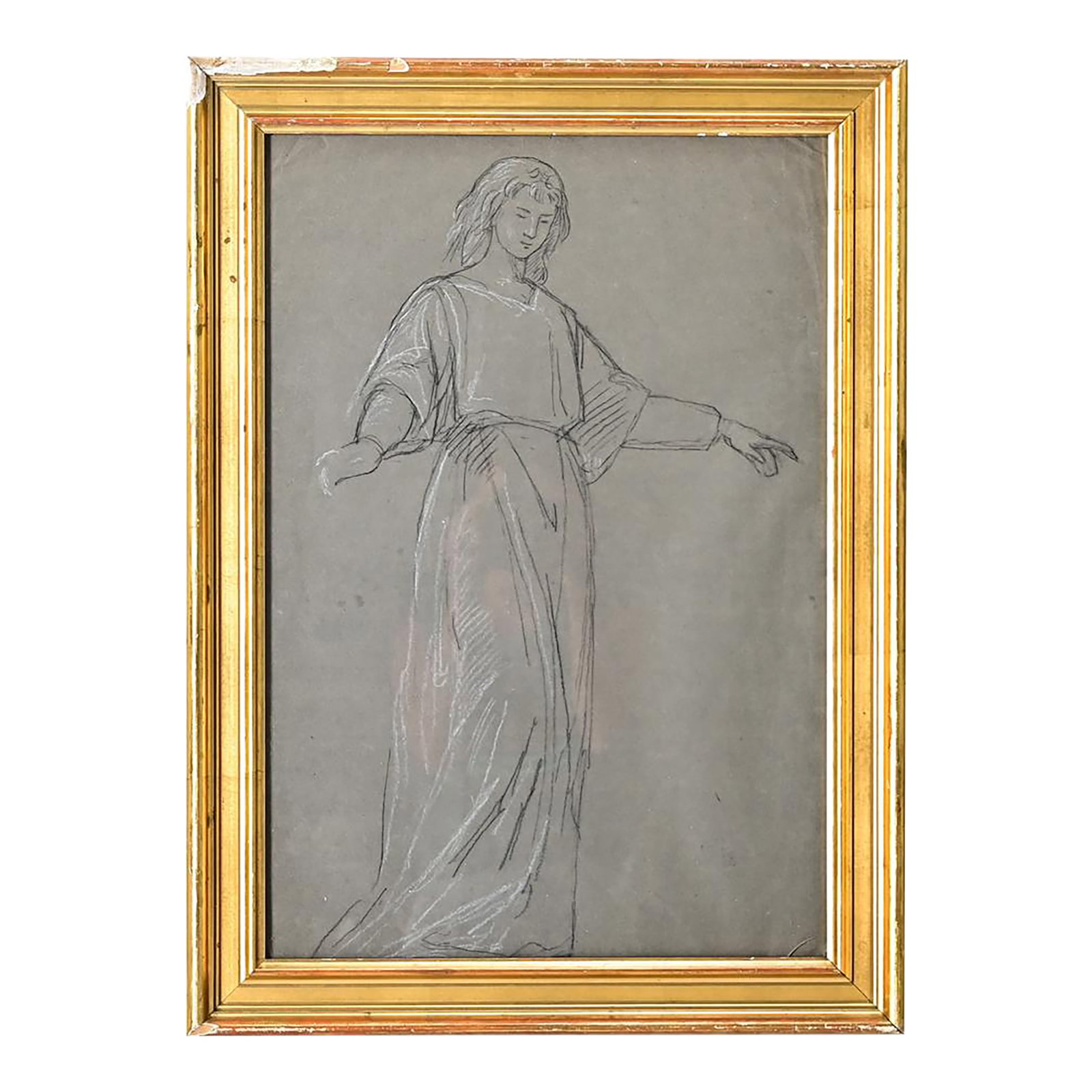 French Vintage Framed Charcoal Figure Study: French vintage 20th century charcoal and chalk sketch/study of a statuesque woman in loose-fitting dress (like a dressing gown); out of context she could easily be mistaken for a figure from Greco-Rom