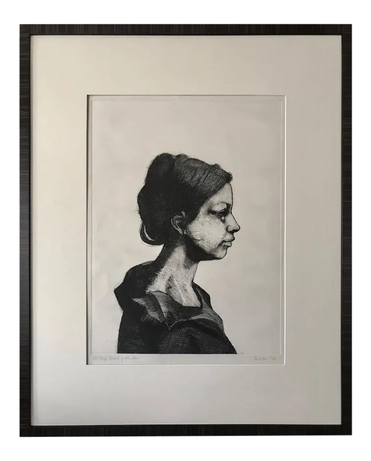 Original Etching Portrait of Ella by John Nava Artist Proof: Original vintage artist proof etching a of a woman titled a portrait of Ella Etkins by John Nava 1972. A large etching printed on quality hand made woven paper. Signed lower right. Artist Biography; J