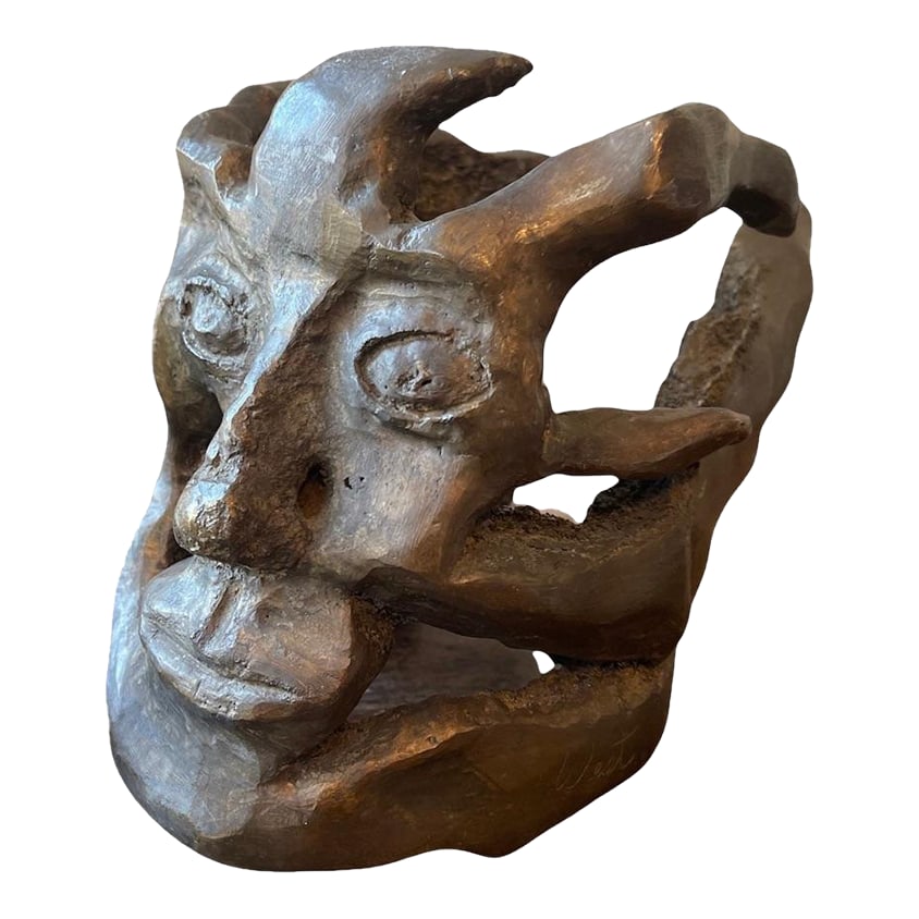 Vintage Bronze Abstract Brutalist Face Sculpture - Signed West - Mid-Century Studio Art: Bring home a striking piece of mid-century studio art with this expressive cast bronze sculpture, signed West. Hand-formed in an abstract, Brutalist style, this sculptural head features exaggerated