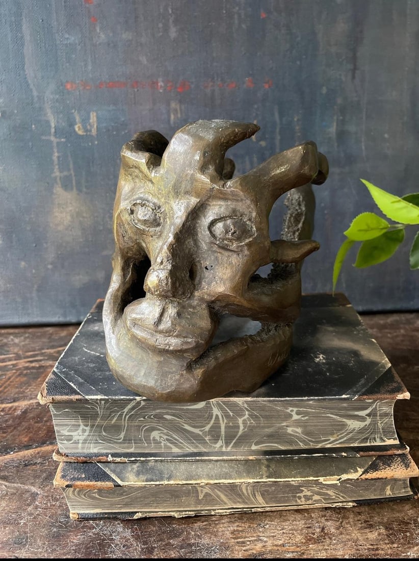 Vintage Bronze Abstract Brutalist Face Sculpture - Signed West - Mid-Century Studio Art - 2