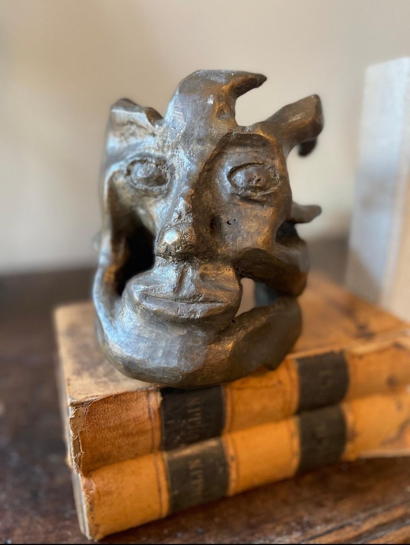 Vintage Bronze Abstract Brutalist Face Sculpture - Signed West - Mid-Century Studio Art - 3