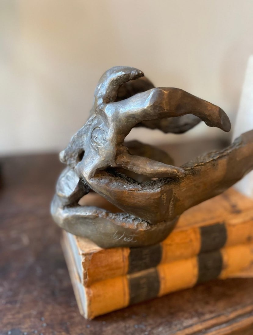 Vintage Bronze Abstract Brutalist Face Sculpture - Signed West - Mid-Century Studio Art - 5